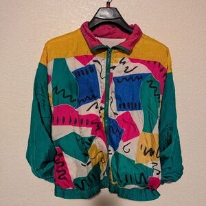 Resort Bay Windbreaker Jacket Women Size Medium Neon Geometric 80's Active Wear